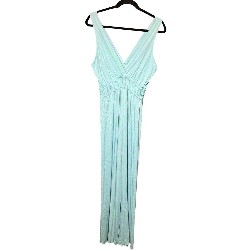 Zen-Knits Women’s L Maxi Dress Green Blue Stripe V Neck Stretch Empire Waist